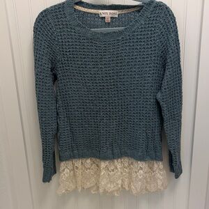 Knox Rose Teal Sweater with Cream Lace Trim